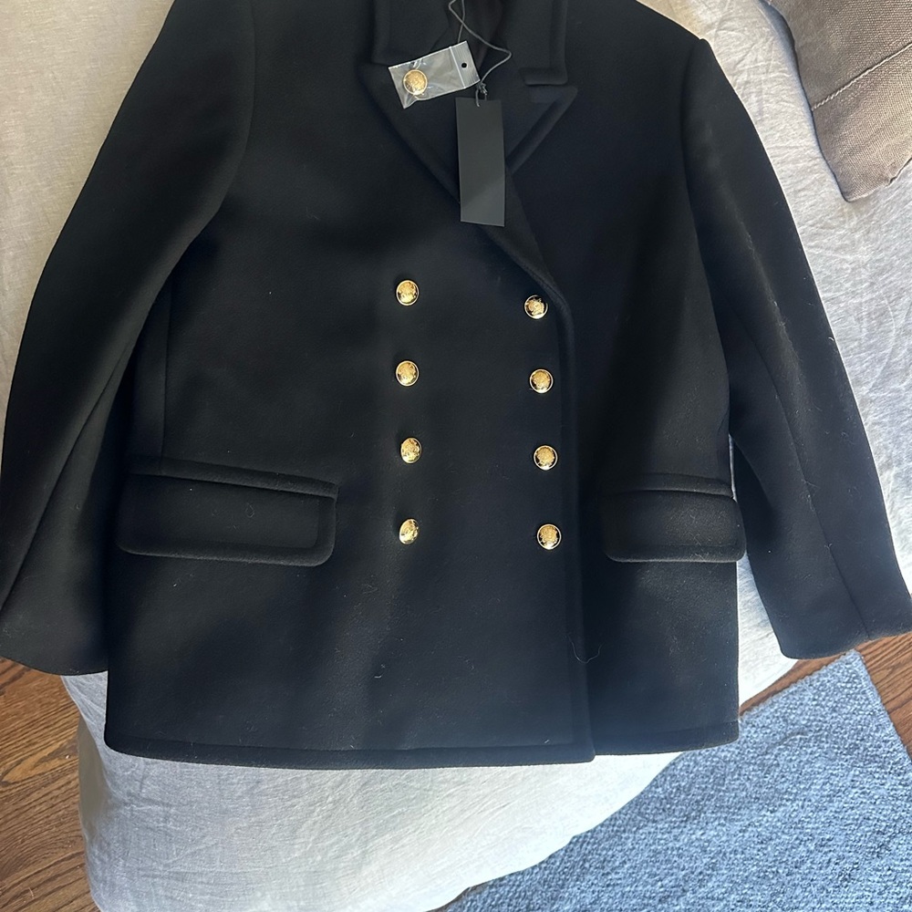 Nili Lotan XL New Elegant Virgin Wool Black Pea Coat with Gold Accents